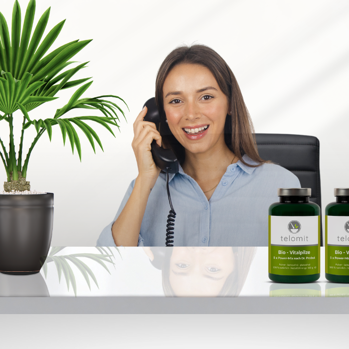 telomit Kundenservice — freundliche Beratung am Telefon mit telomit Bio-Vitalpilzen, persönlich und ohne Warteschleife, Mo–Fr 8:30–17:30 Uhr